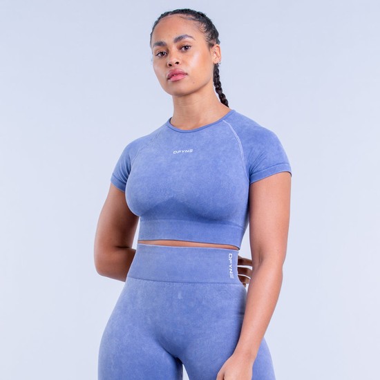 T Shirts Dfyne Valkyrie Acid Wash Crop Femme Bleu Foncé | 04912-KURP