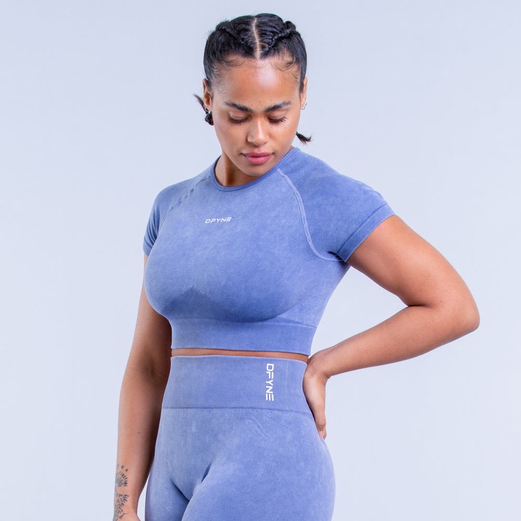 T Shirts Dfyne Valkyrie Acid Wash Crop Femme Bleu Foncé | 04912-KURP