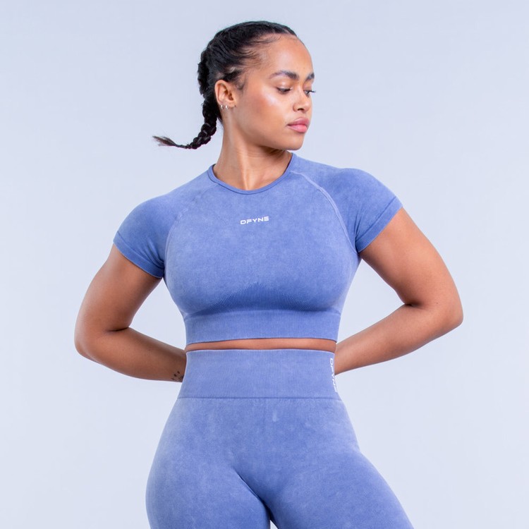 T Shirts Dfyne Valkyrie Acid Wash Crop Femme Bleu Foncé | 04912-KURP