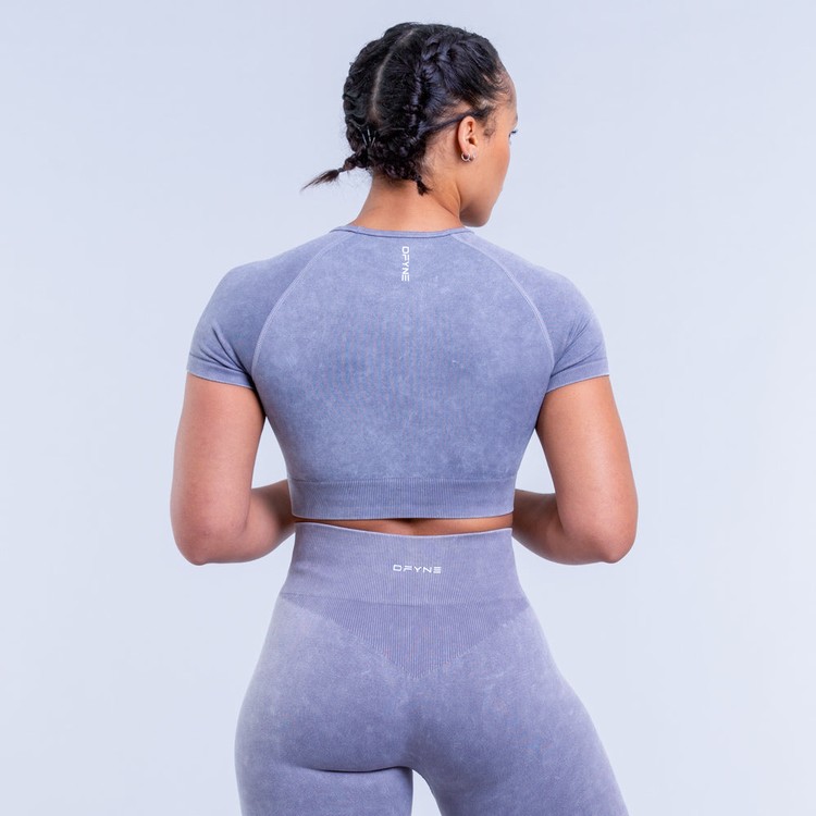 T Shirts Dfyne Valkyrie Acid Wash Crop Femme Grise Blanche | 47360-PYKF