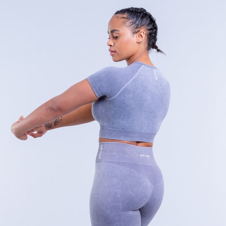 T Shirts Dfyne Valkyrie Acid Wash Crop Femme Grise Blanche | 47360-PYKF