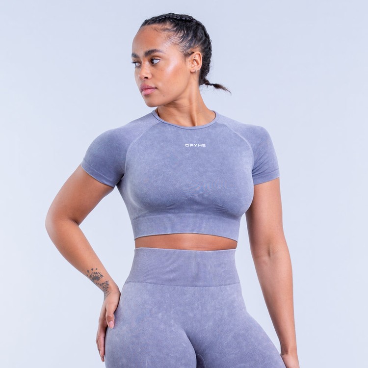 T Shirts Dfyne Valkyrie Acid Wash Crop Femme Grise Blanche | 47360-PYKF