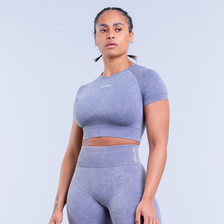 T Shirts Dfyne Valkyrie Acid Wash Crop Femme Grise Blanche | 47360-PYKF
